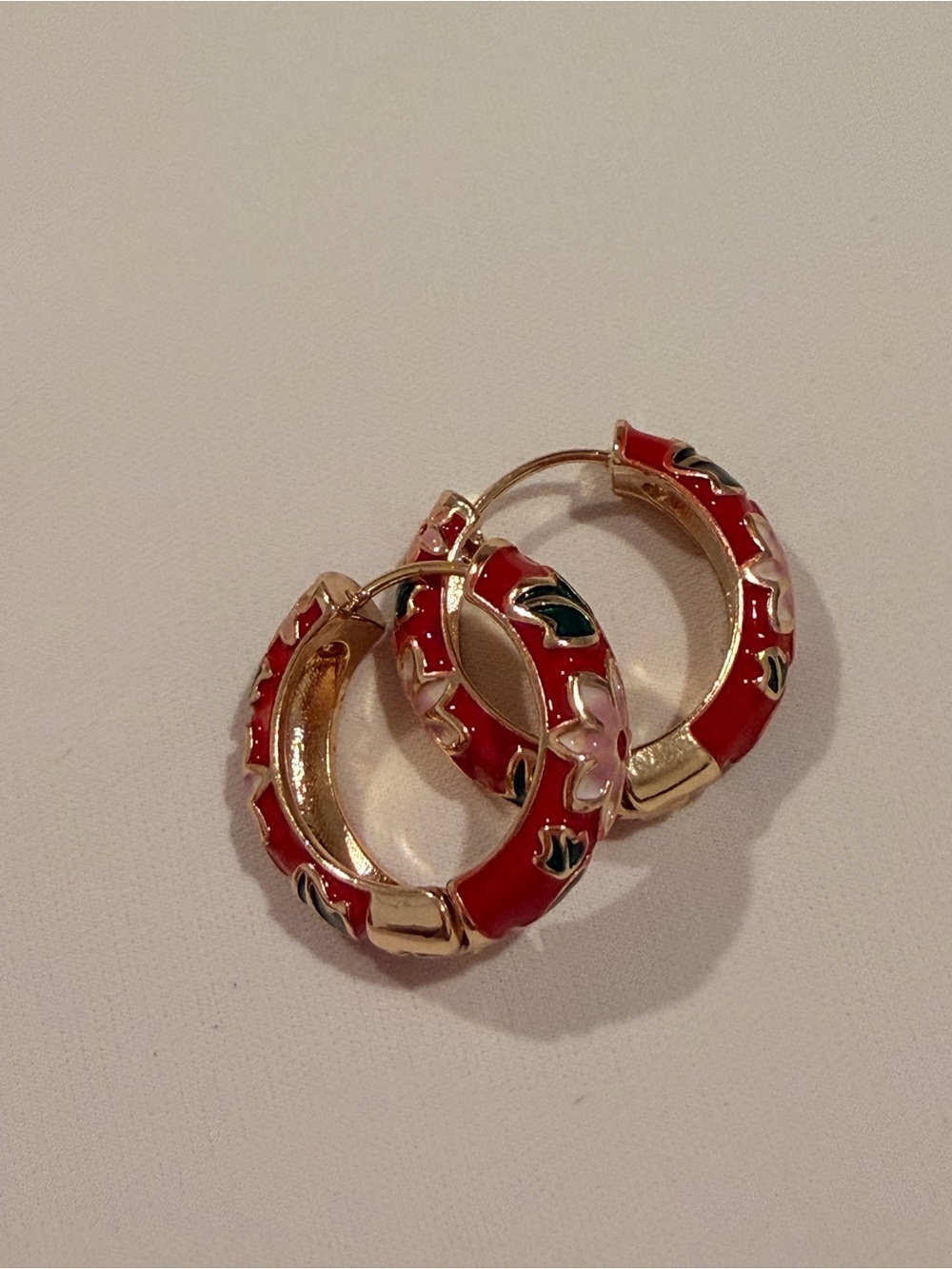 Red Enamel Hoop Earrings with Pink Floral Accents - Picture 4 of 6